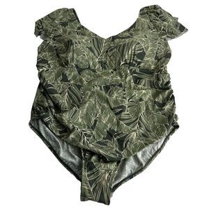 Denim & Co. Beach Green Floral V Neck Ruffle Sleeve One Piece SwimSuit Size 26W